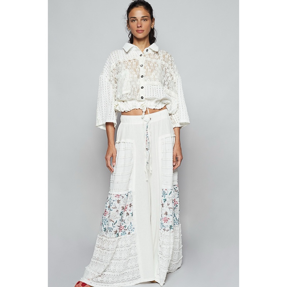 POL Ivory Patchwork Wide Leg Pants | Lace Floral Elastic Waist Pull On - Picture 4 of 7